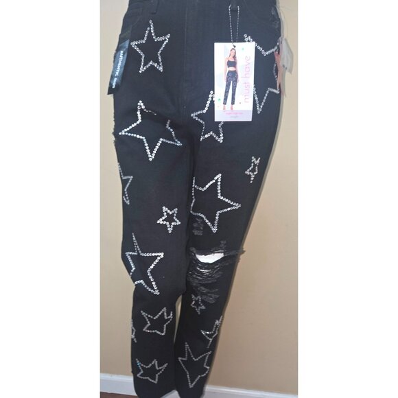Simple Society Bling Stars Distress Super High Rise Black Jeans Size 7/ 28 NEW - Picture 5 of 10